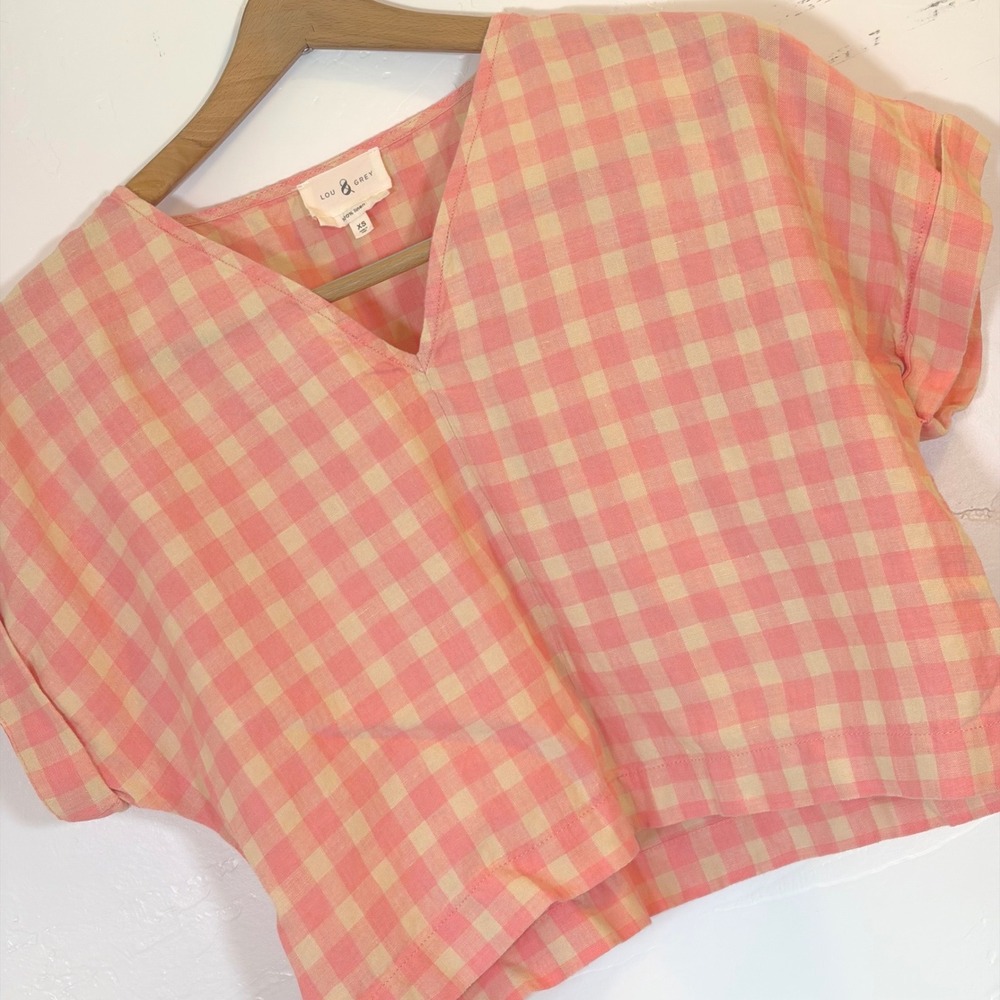 Lou & Grey Pink Beige Gingham 100% Linen Crop Top XS Roll Sleeve Coastal Cottage